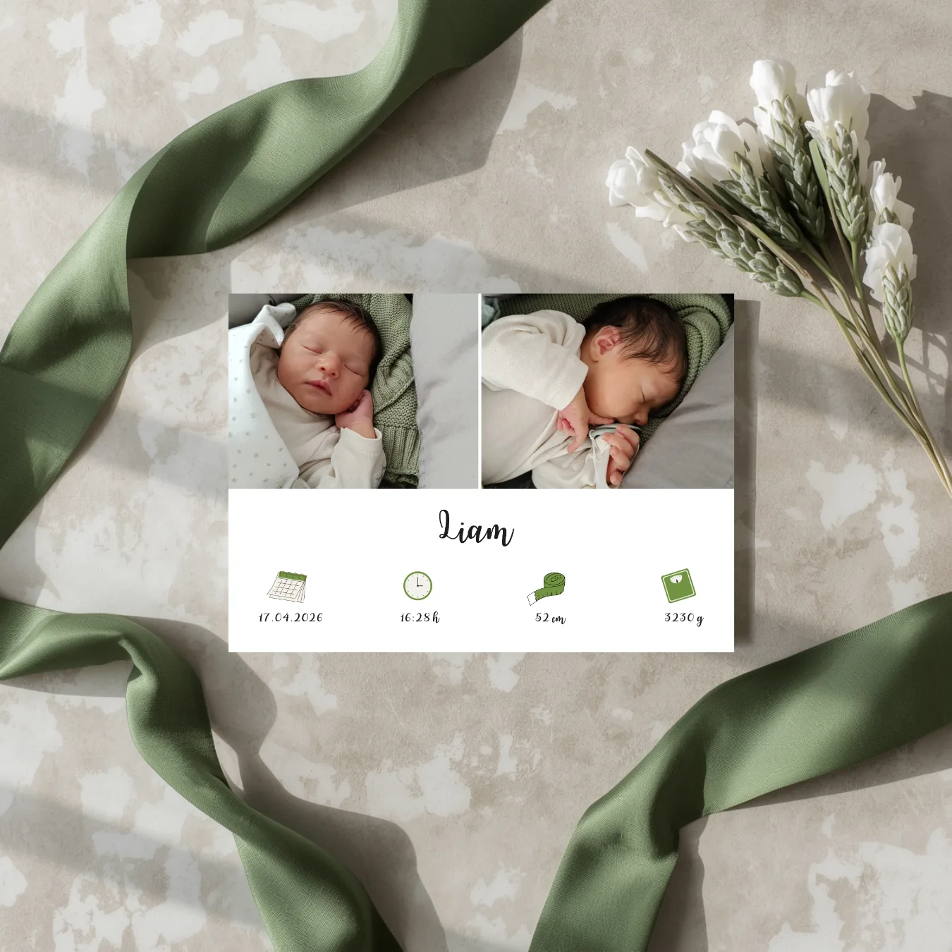 Moderne Geburtskarte mit Foto – Nera Design