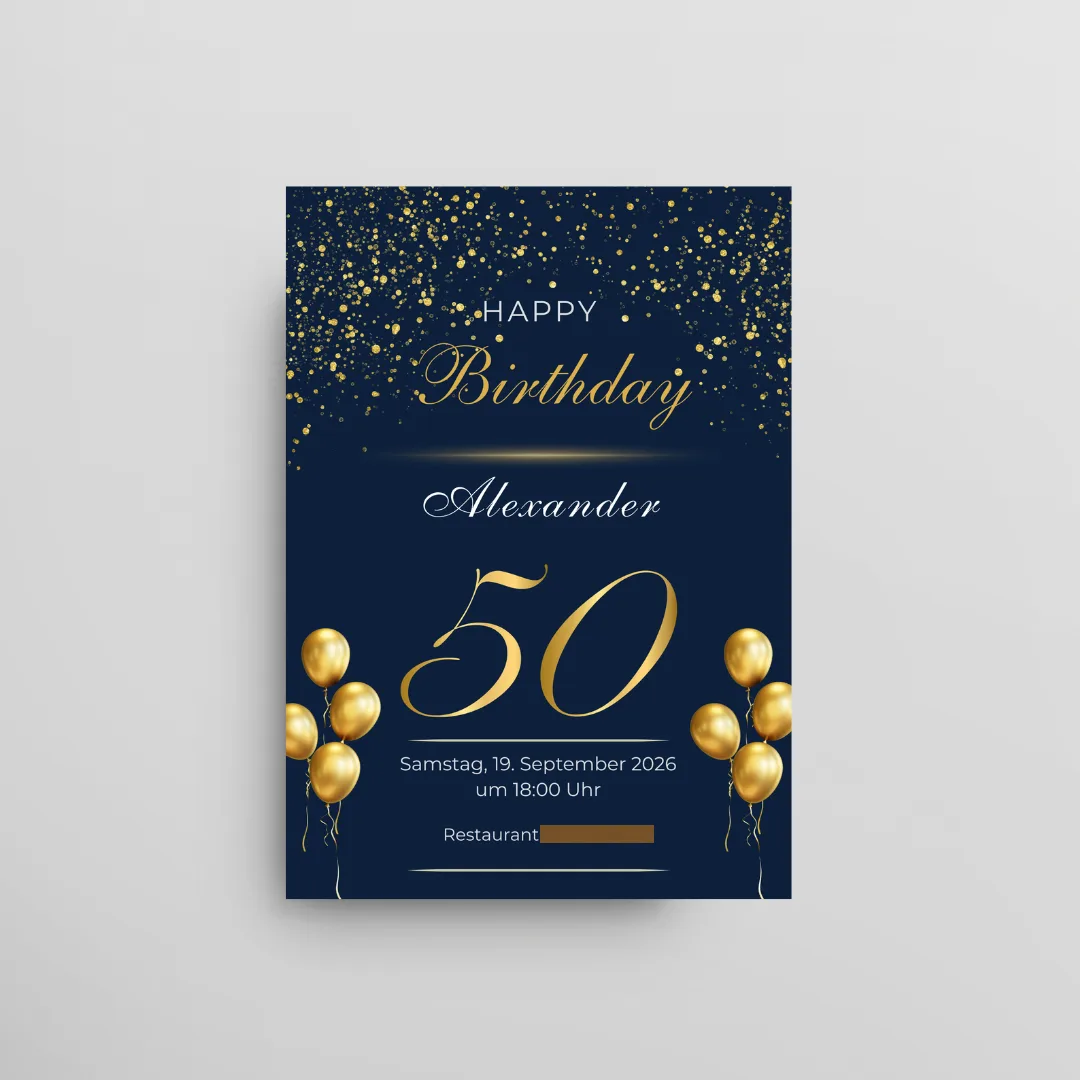 Einladungskarte zum 50. Geburtstag – Blau Gold – Nera Design